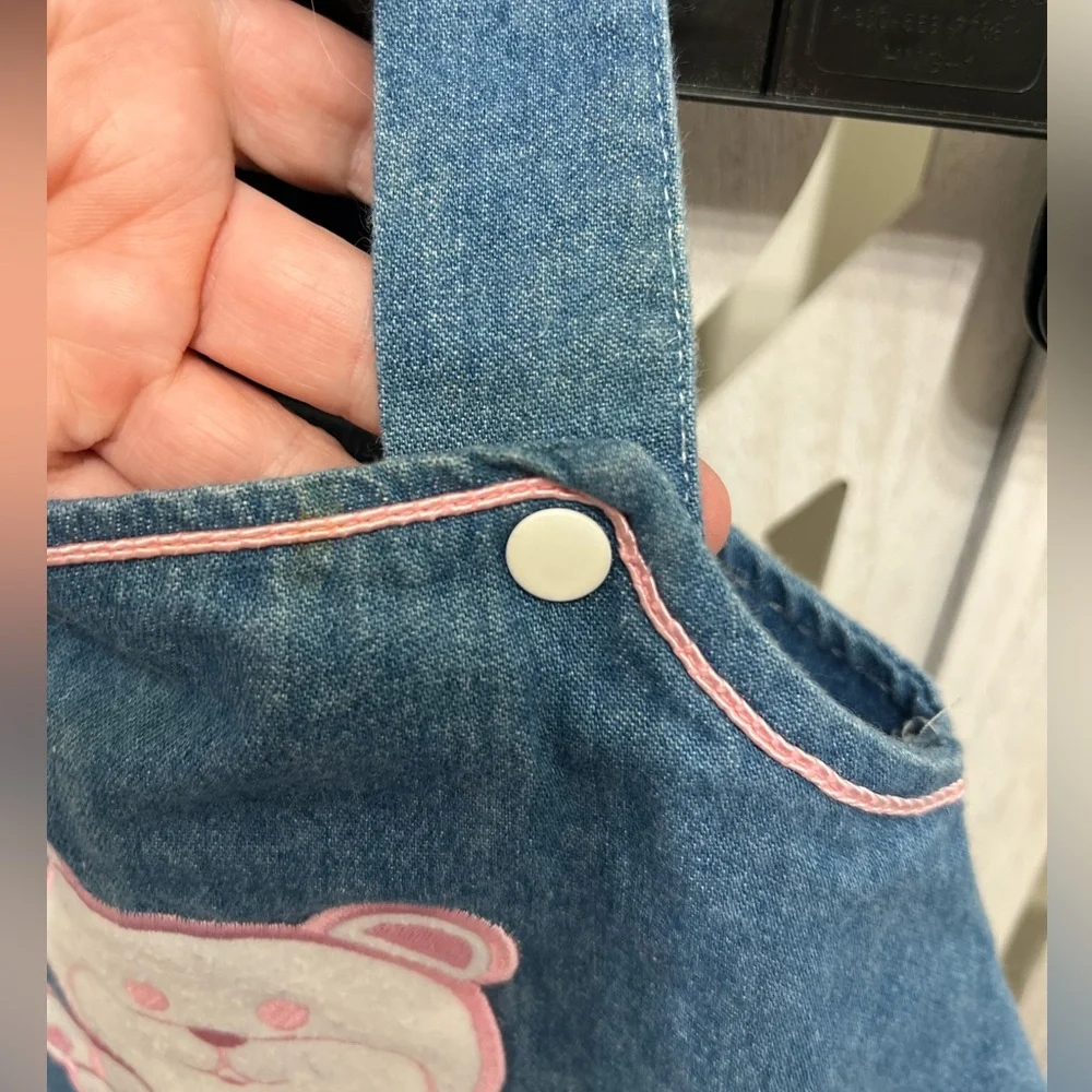 Vintage Y2K Denim Baby Dress with Teddy Appliqué and Matching Scrunchie Hat